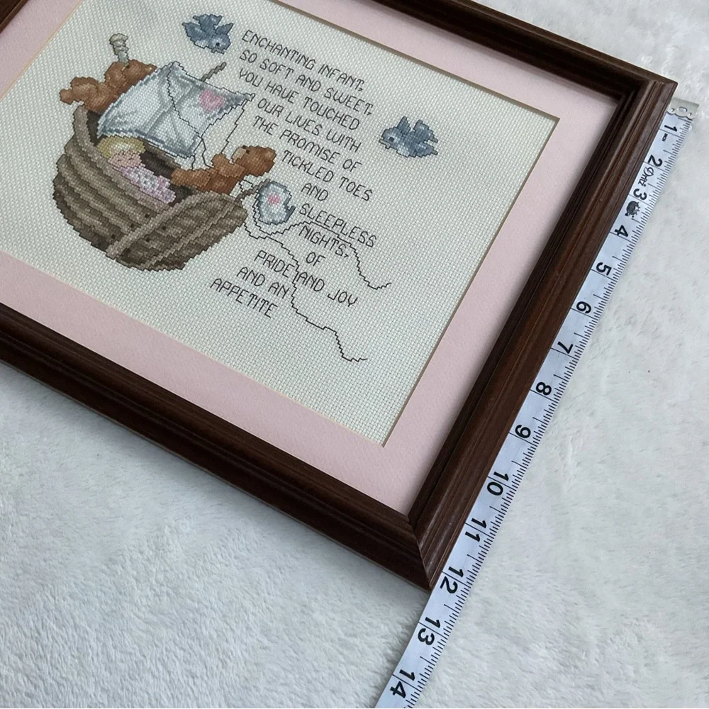 Vintage 1990s Baby Cross Stitch Sampler Framed Nursery Wall Art Cottagecore